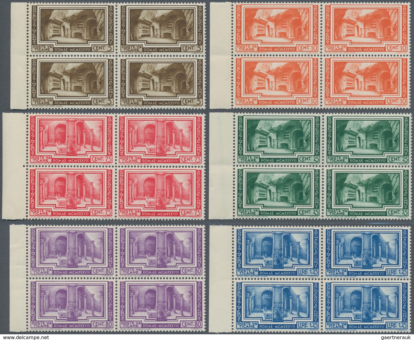 Vatikan: 1938, Archaeological Congress, Complete Set Of Six Values In Left Marginal Blocks Of Four, - Other & Unclassified