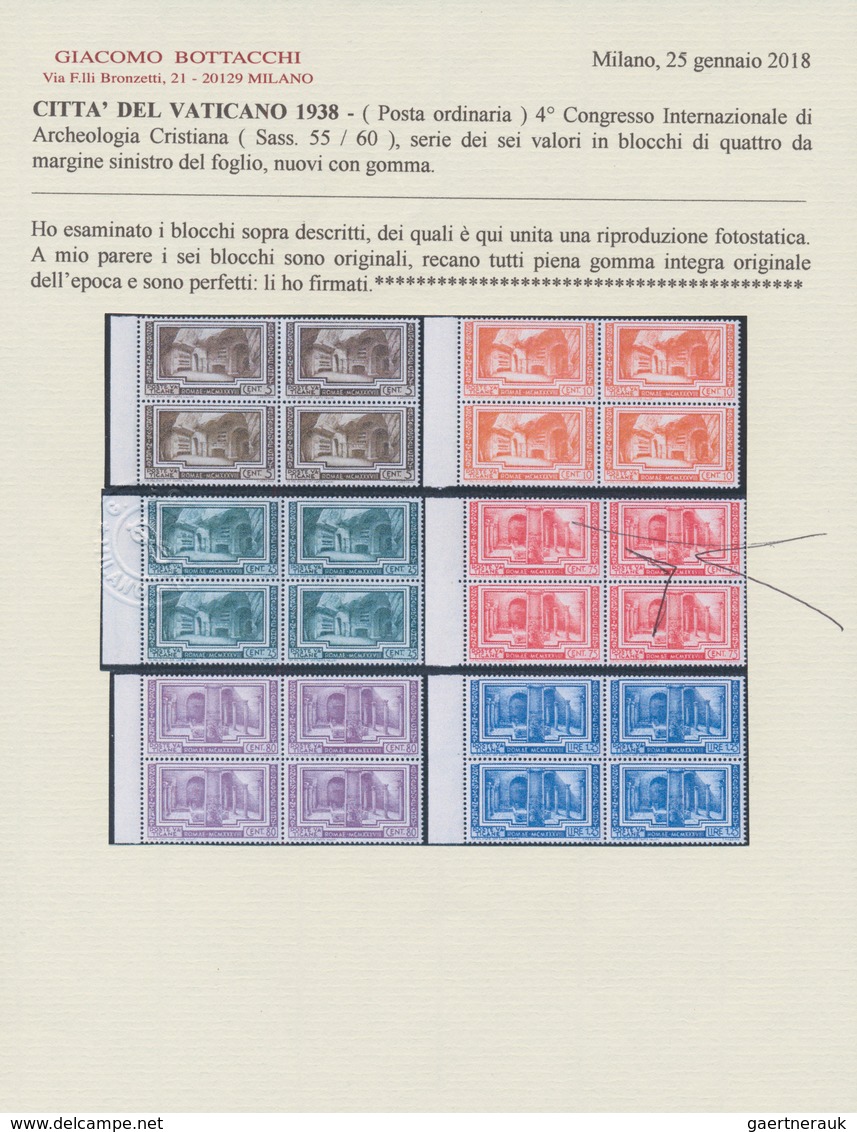 Vatikan: 1938, Archaeological Congress, Complete Set Of Six Values In Left Marginal Blocks Of Four, - Other & Unclassified