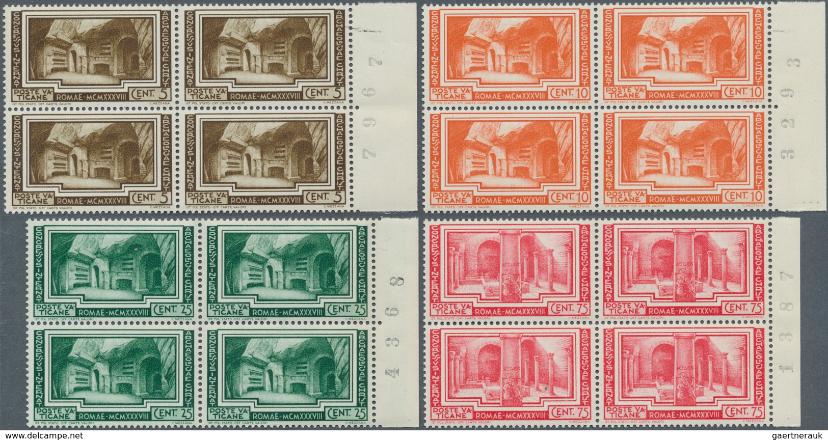 Vatikan: 1938, Archaeological Congress, Complete Set Of Six Values In Right Marginal Blocks Of Four - Other & Unclassified