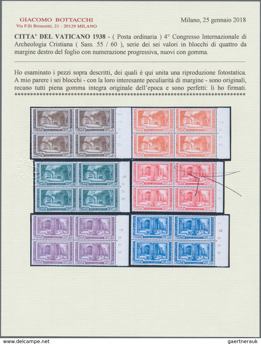 Vatikan: 1938, Archaeological Congress, Complete Set Of Six Values In Right Marginal Blocks Of Four - Other & Unclassified