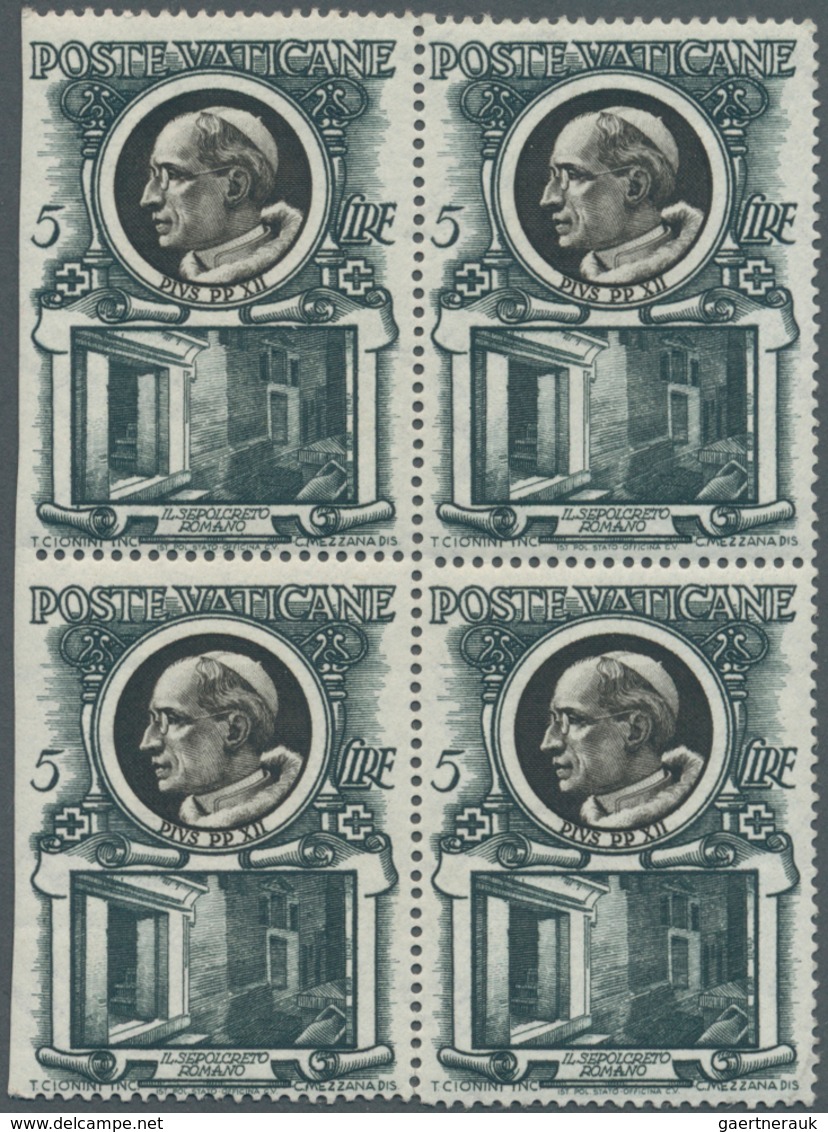 Vatikan: 1953, Pope Pius XII. 5l. Black-green/black Block Of Four IMPERFORATE At Left With Short Mar - Other & Unclassified