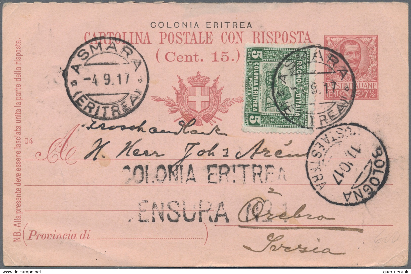 Italienisch-Eritrea: 1917: Postal Stationery Card To Sweden (part Of A 7 1/2 + 7 1/2 Double Card) Up - Eritrea