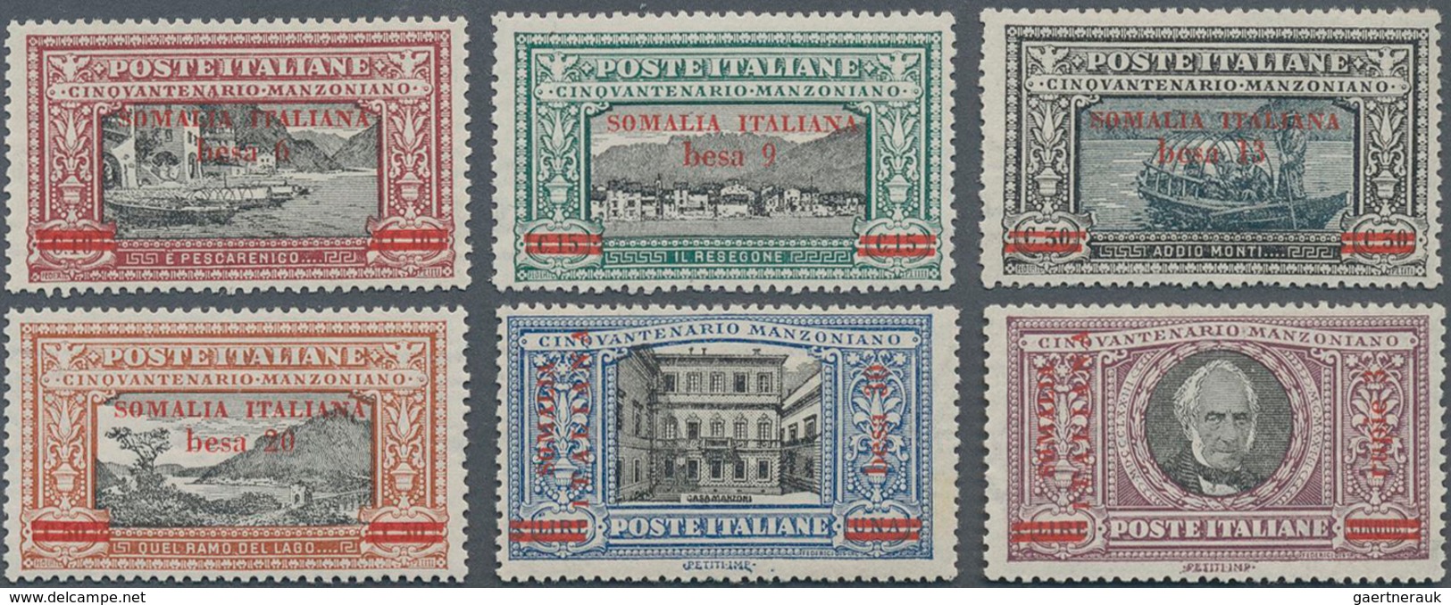 Italienisch-Somaliland: 1924, 6 B To 30 B Alessandro Manzoni Five Values With Red Imprints "SOMALIA - Somalia