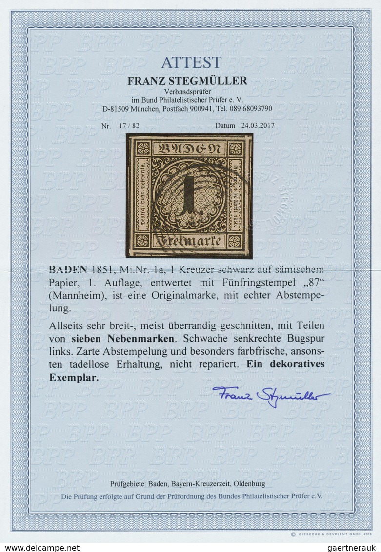 Baden - Marken Und Briefe: 1851, Ziffern 1 Kr. Schwarz Auf Graugelb, Erste Auflage Auf Dünnem Papier - Other & Unclassified