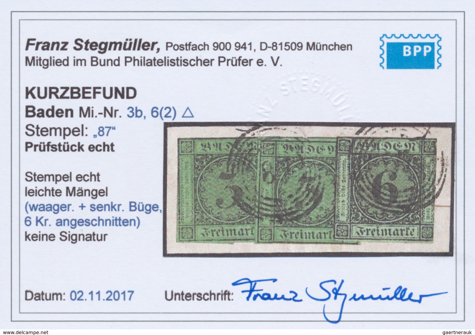 Baden - Marken Und Briefe: 1851/53, Ziffernausgabe 6 Kr. Schwarz Auf Grün Und Zweimal 1853, 3 Kr. Sc - Other & Unclassified