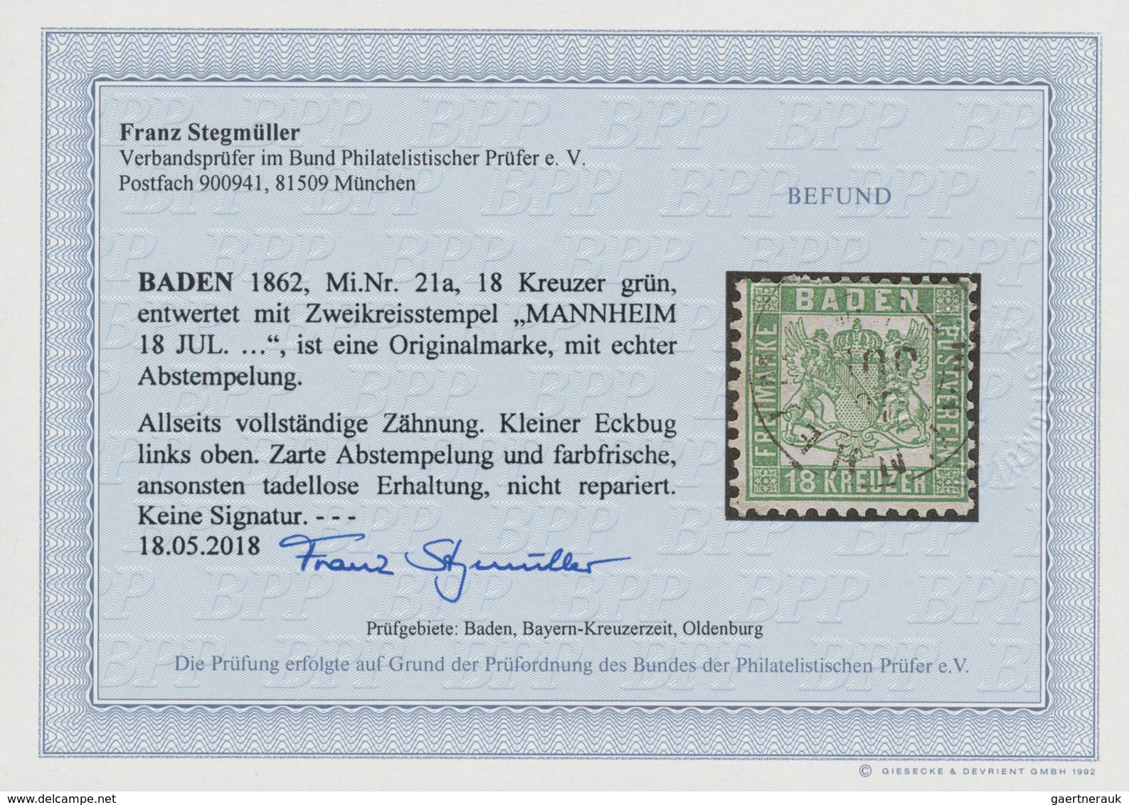 Baden - Marken Und Briefe: 1862, Wappen 18 Kr. (hell)grün Mit Zentrischem K1 "MANNHEIM 18 JUL", Farb - Other & Unclassified