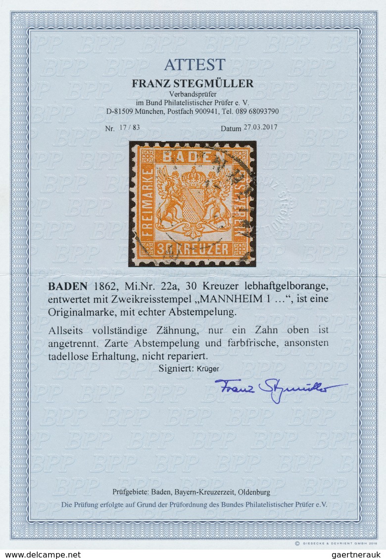 Baden - Marken Und Briefe: 1862, 30 Kr. Wappen Mit Weißem Hintergrund Gelborange Mit Zentrischem K1 - Altri & Non Classificati