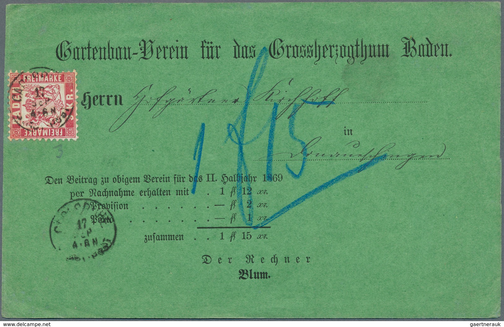 Baden - Marken Und Briefe: 1868, Grüne Nachnahme-Vordruck-Karte Mit EF 3 Kr. Rot Mit K2 "KARLSRUHE 1 - Other & Unclassified