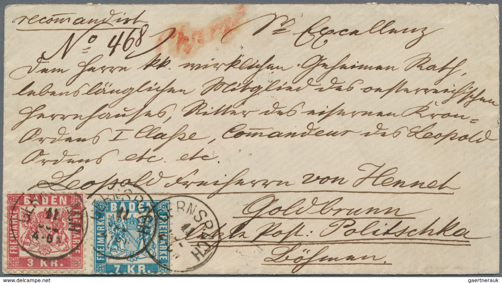 Baden - Marken Und Briefe: 1868, Wappen 7 Kr. Blau Und 3 Kr. Rot Auf Couvert Mit K1 "GERNSBACH 11 JU - Other & Unclassified