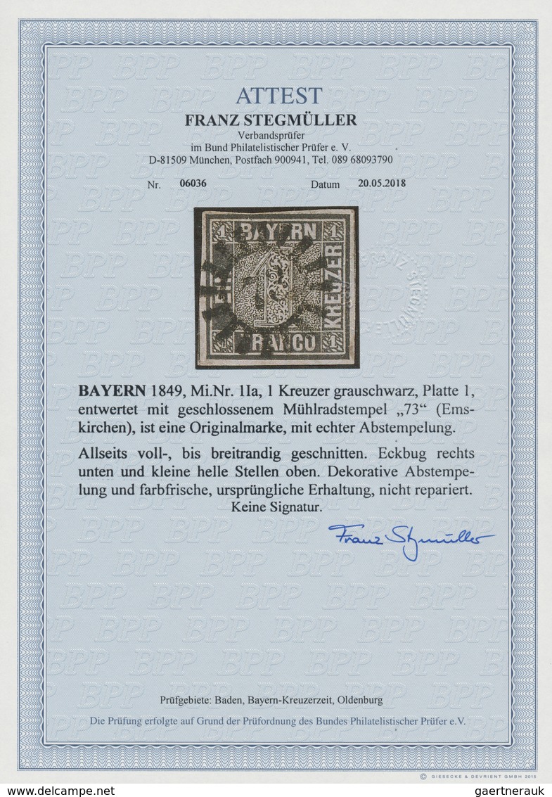Bayern - Marken Und Briefe: 1849, Schwarzer Einser 1 Kreuzer Grauschwarz, Platte 1 Mit GMR "73" (Ems - Altri & Non Classificati