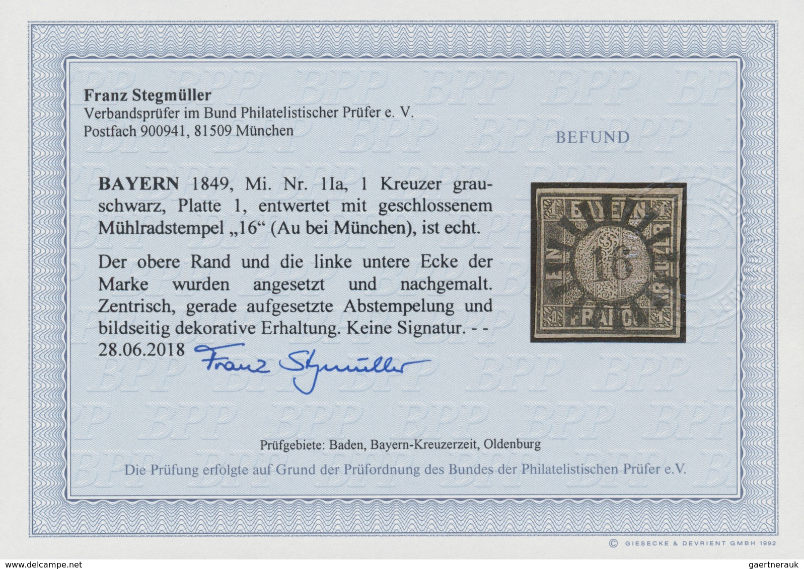 Bayern - Marken Und Briefe: 1849, Schwarzer Einser 1 Kreuzer Grauschwarz, Platte 1 Mit GMR "16" (Au - Altri & Non Classificati