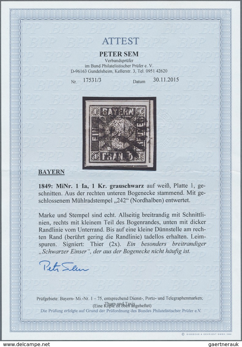 Bayern - Marken Und Briefe: 1849, Schwarzer Einser 1 Kreuzer Grauschwarz, Platte 1 Vom Rechten Unter - Otros & Sin Clasificación