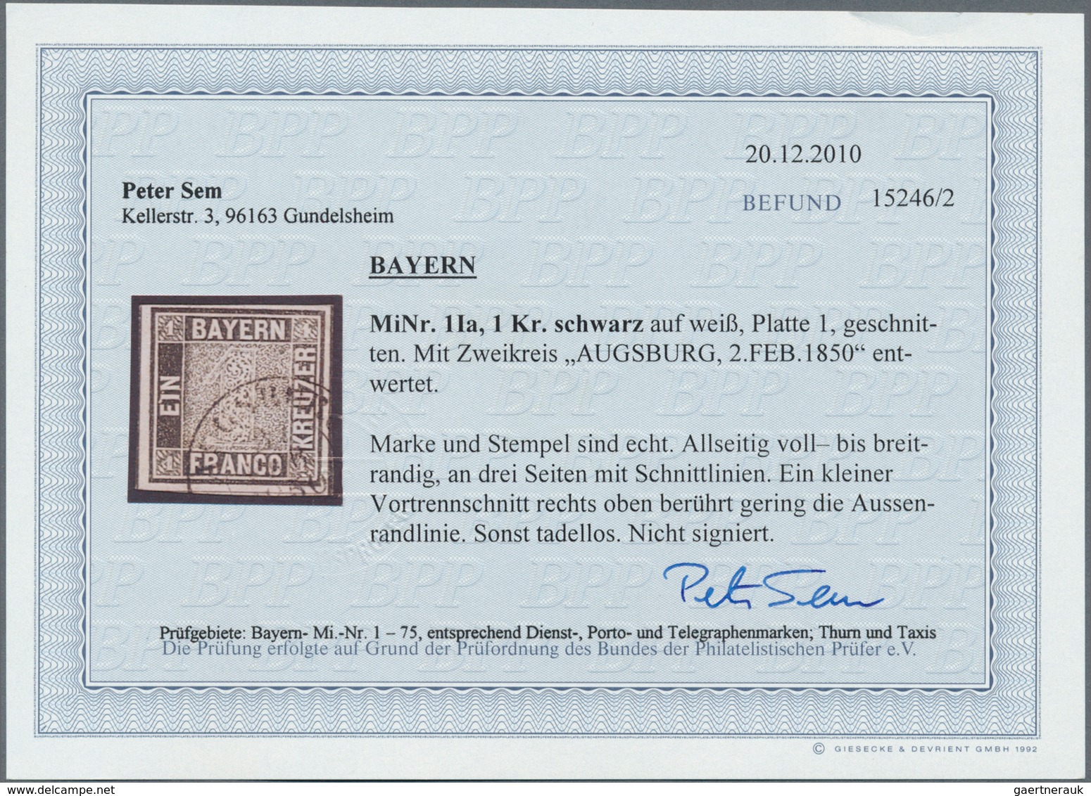 Bayern - Marken Und Briefe: 1849, Schwarzer Einser 1 Kreuzer Schwarz, Platte 1 Mit K2 "AUGSBURG 2 FE - Altri & Non Classificati