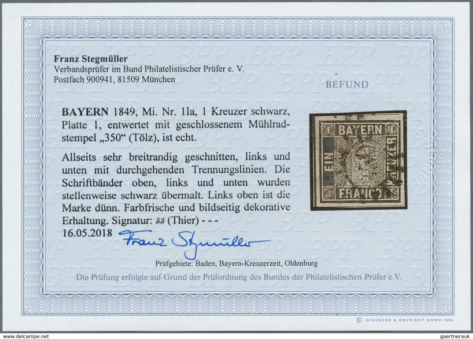 Bayern - Marken Und Briefe: 1849, 1 Kr. Schwarz, Platte 1, Allseits Sehr Breitrandig Mit Zweiseitig - Altri & Non Classificati