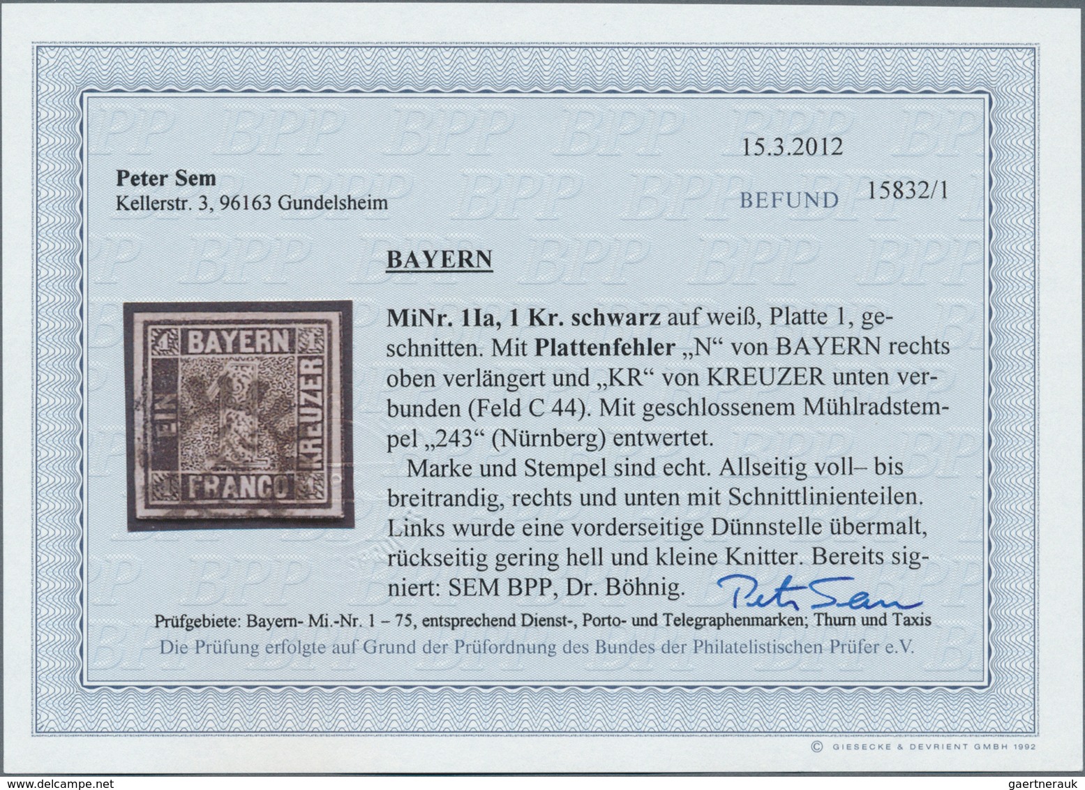 Bayern - Marken Und Briefe: 1849, Schwarzer Einser 1 Kreuzer Schwarz, Platte 1 Mit Bisher Unbekannte - Altri & Non Classificati