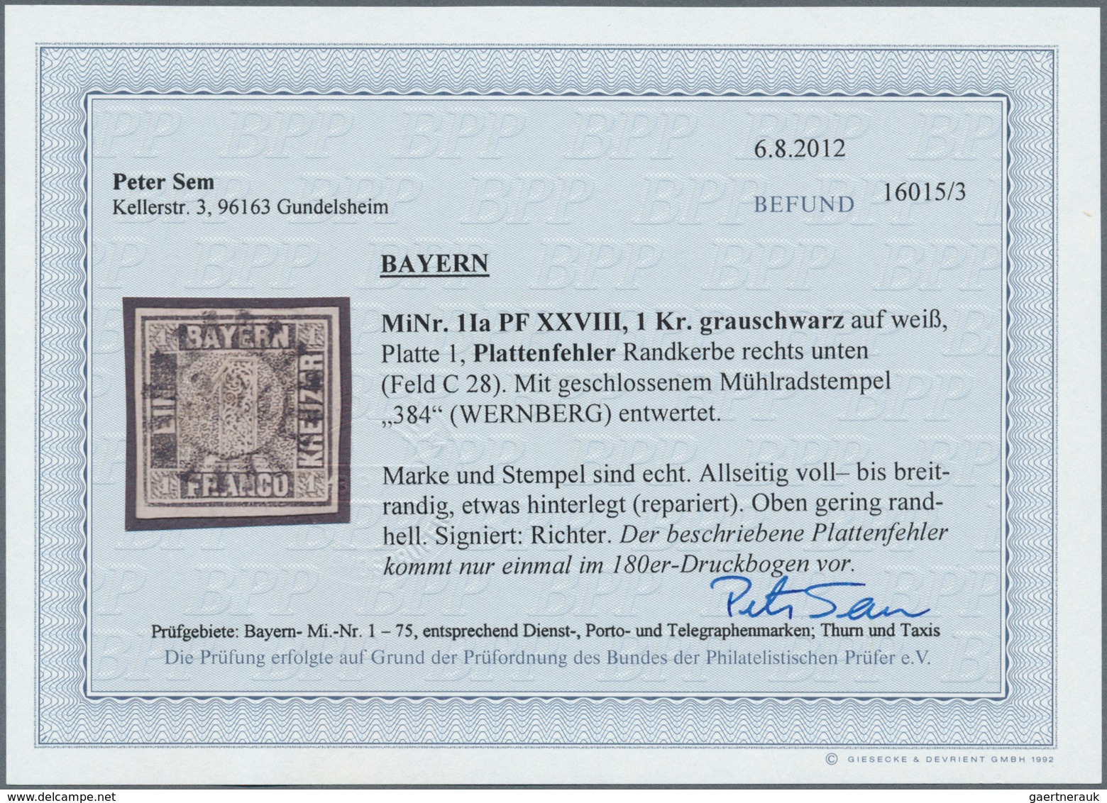 Bayern - Marken Und Briefe: 1849, Schwarzer Einser 1 Kreuzer Schwarz, Platte 1 Mit Plattenfehler: Ke - Altri & Non Classificati