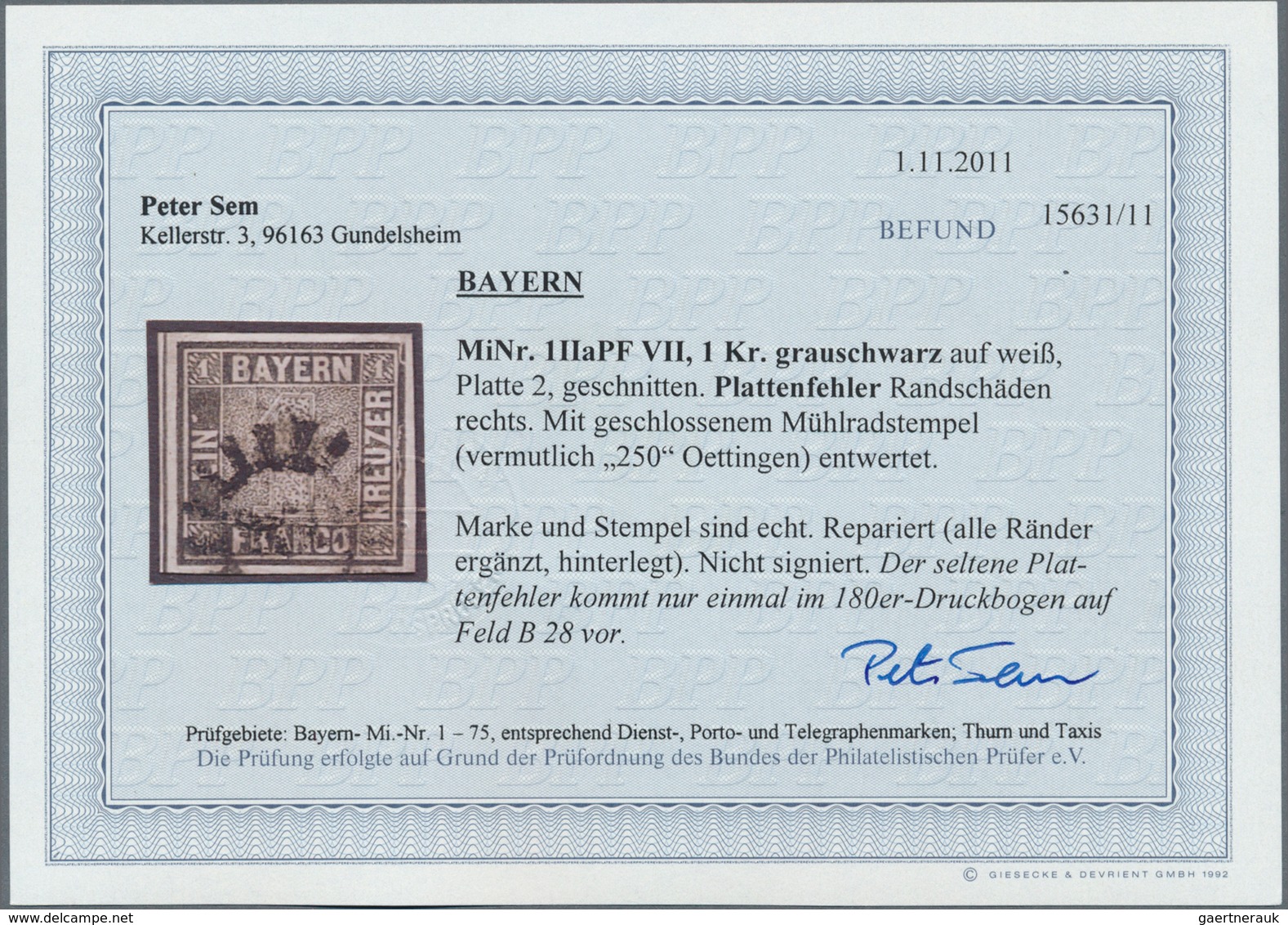 Bayern - Marken Und Briefe: 1849, Schwarzer Einser 1 Kreuzer Grauschwarz, Platte 2 Mit Plattenfehler - Altri & Non Classificati
