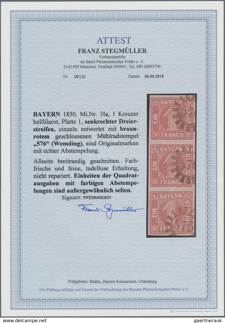 Bayern - Marken Und Briefe: 1850, 1 Kr Helllilarot Von Platte I Im Senkrechten Dreierstreifen, Entwe - Altri & Non Classificati