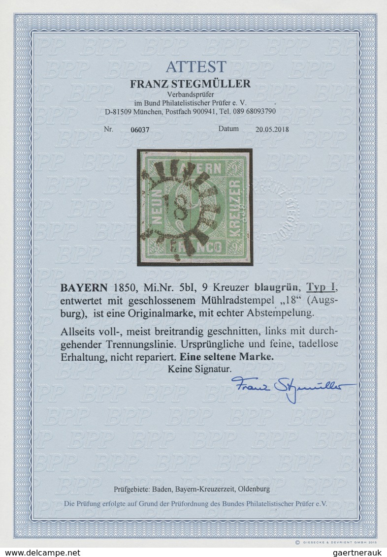 Bayern - Marken Und Briefe: 1850, Quadrat-Ausgabe 9 Kr. Blaugrün In Type I (!) Mit Idealem GMR "18" - Altri & Non Classificati