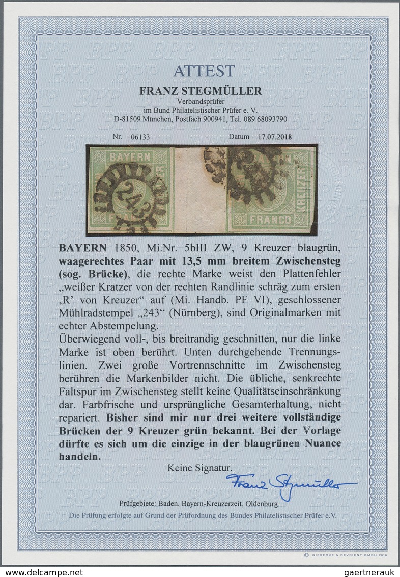 Bayern - Marken Und Briefe: 1850: 9 Kreuzer BLAUGRÜN, Waagerechtes Paar Mit 13,5 Mm Breitem ZWISCHEN - Altri & Non Classificati