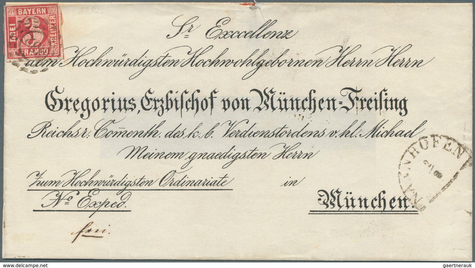 Bayern - Marken Und Briefe: 1862, 3 Kr. Rot Auf BISCHOFSBRIEF Mit SEHR SELTENEM Offenen Mühlradst. " - Altri & Non Classificati