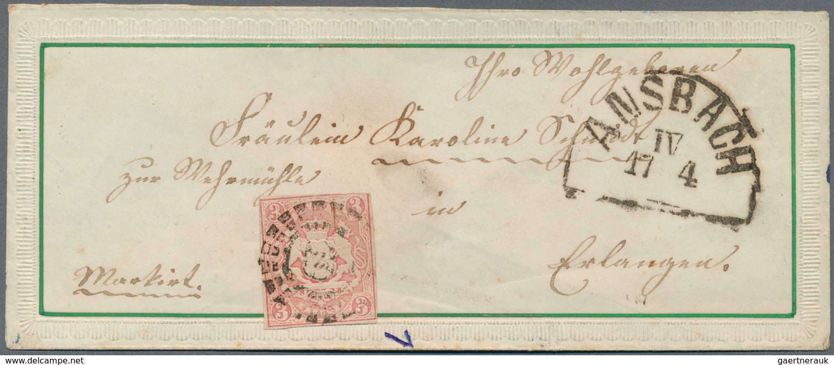 Bayern - Marken Und Briefe: 1867, Präge-Zierbrief Mit Grünem Rahmen Frankiert Mit Wappen 3 Kr. Rosa - Other & Unclassified