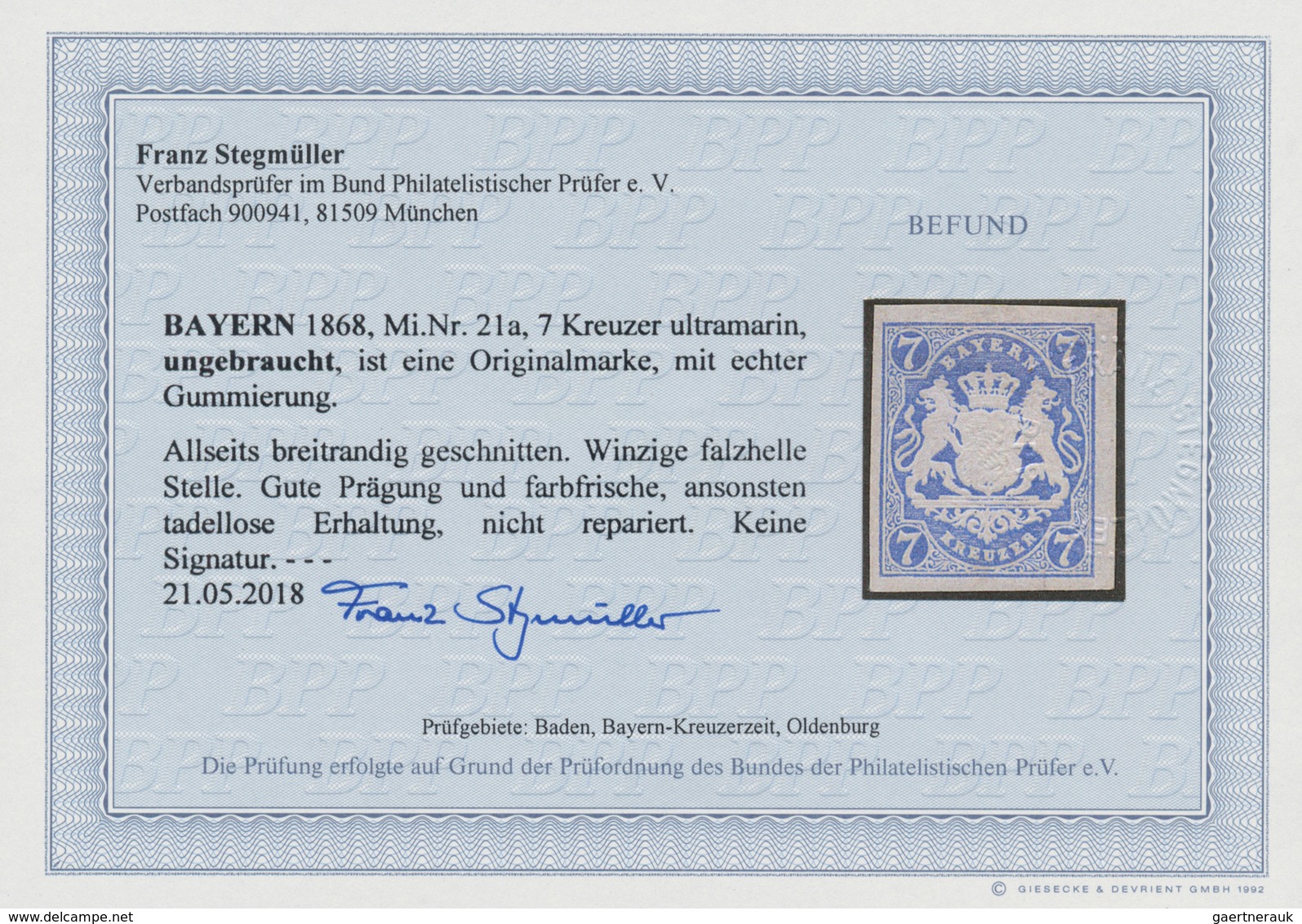 Bayern - Marken Und Briefe: 1868, Wappen 7 Kr. (dunkel)ultramarin (tiefe A-Farbe) Ungebraucht Mit Or - Altri & Non Classificati
