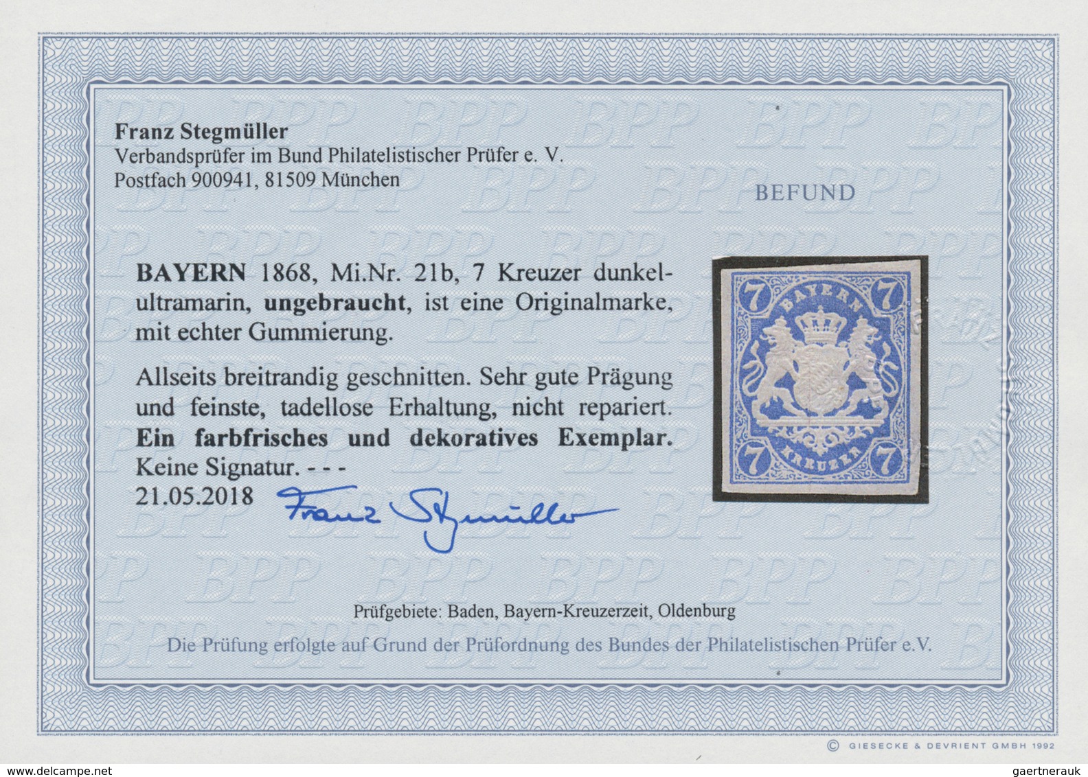 Bayern - Marken Und Briefe: 1868, Wappen 7 Kr. In B-Farbe Dunkelultramarin Ungebraucht Mit Originalg - Altri & Non Classificati