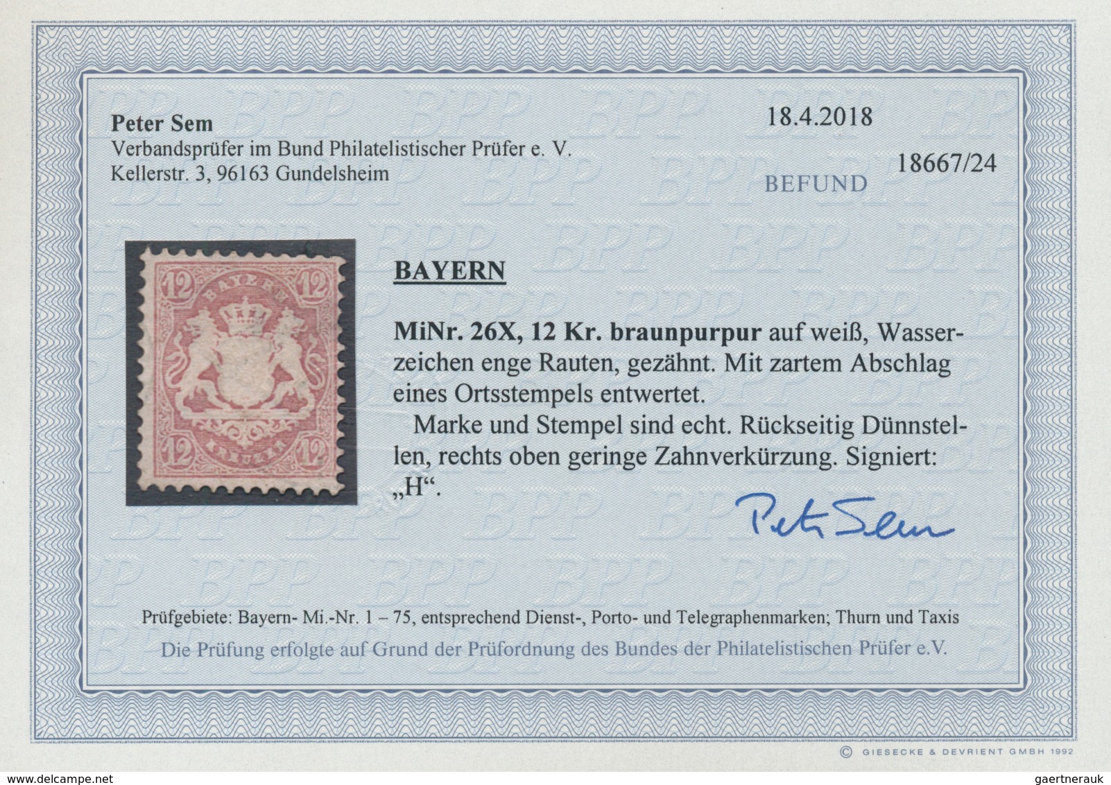 Bayern - Marken Und Briefe: 1870, Wappen 12 Kr. Dunkelbraunpurpur, Wasserzeichen X (enge Rauten) Gez - Altri & Non Classificati
