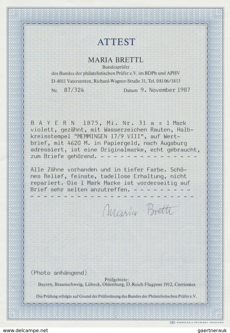 Bayern - Marken Und Briefe: 1875: 1 Mark Mit Wasserzeichen "Rauten", Sehr Tieffarbiges Und Tadellos - Other & Unclassified