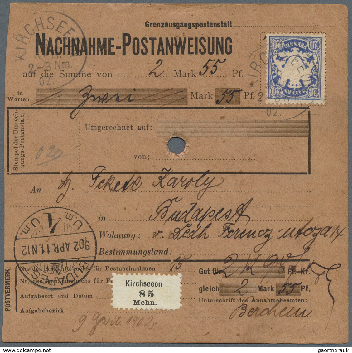 Bayern - Marken Und Briefe: 1888, 20 Pfg. Blau (tadellos) Mit Stempel "KIRCHSEEON 9.APR.02" Als Port - Altri & Non Classificati