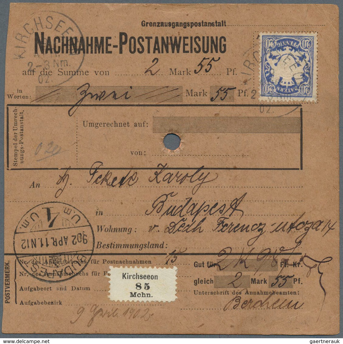 Bayern - Marken Und Briefe: 1888, 20 Pfg. Blau (tadellos) Mit Stempel "KIRCHSEEON 9.APR.02" Als Port - Other & Unclassified