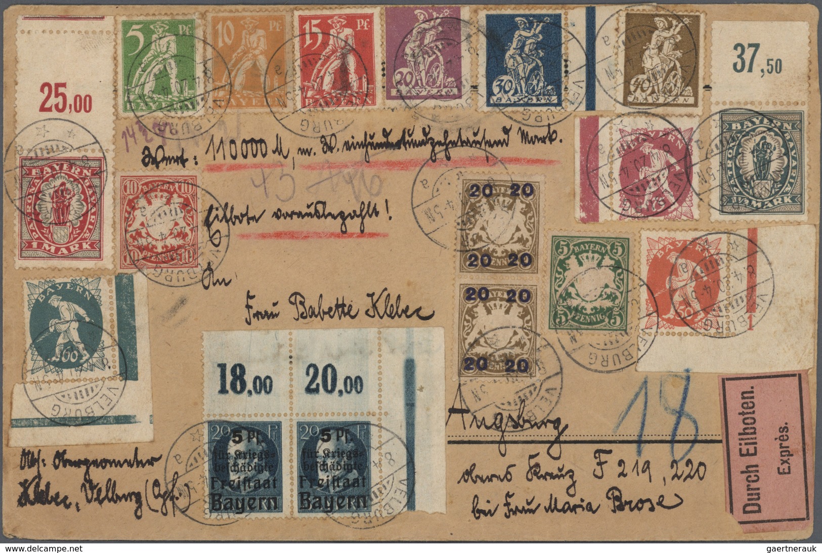 Bayern - Marken Und Briefe: 1920 Bayern Abschied 1 Mark Bavaria Mit Komplettem Oberrand Und Dort Anh - Altri & Non Classificati