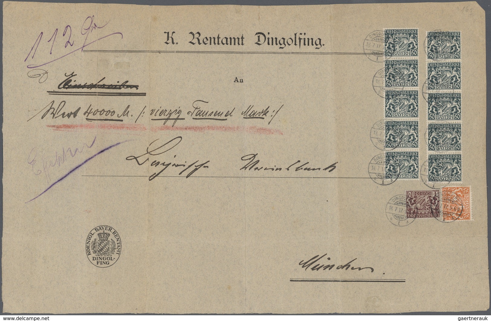 Bayern - Dienstmarken: 1917, Vorderseite Eines Vordruck-Umschlages Vom "K. Rentamt Dingolfing" Für A - Altri & Non Classificati