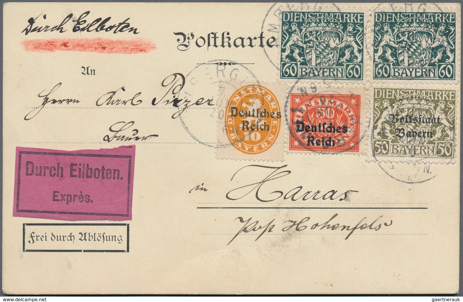 Bayern - Dienstmarken: 1920, 60 Pfg. (2) Und 50 Pfg. Dienstmarken In Mischfrankaturen Mit D. Reich D - Altri & Non Classificati