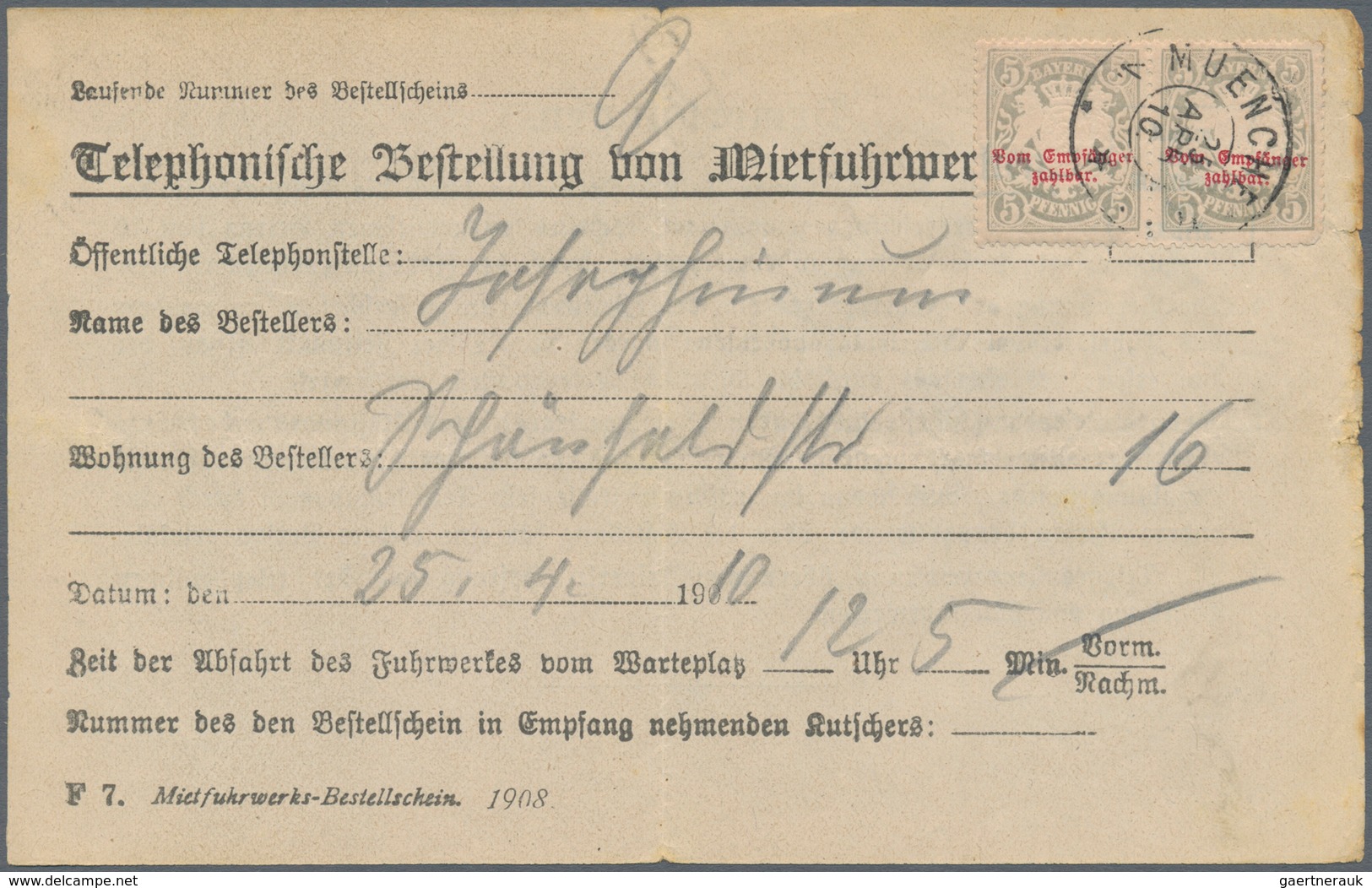 Bayern - Portomarken: 1888, Formular Zur "Telephonischen Bestellung Von Mietfuhrwerken" Mit 2x 5 Pfg - Altri & Non Classificati