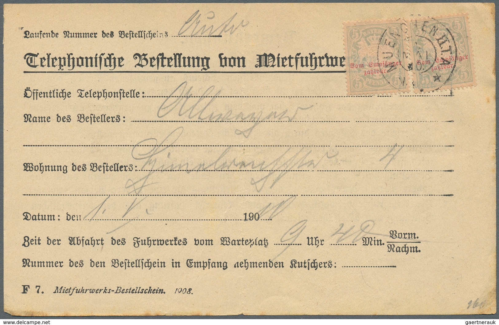 Bayern - Portomarken: 1910, 5 Pf. Wappen "Mietfuhrwerks-Bestellschein", Einmal Als Waagerechtes Paar - Other & Unclassified