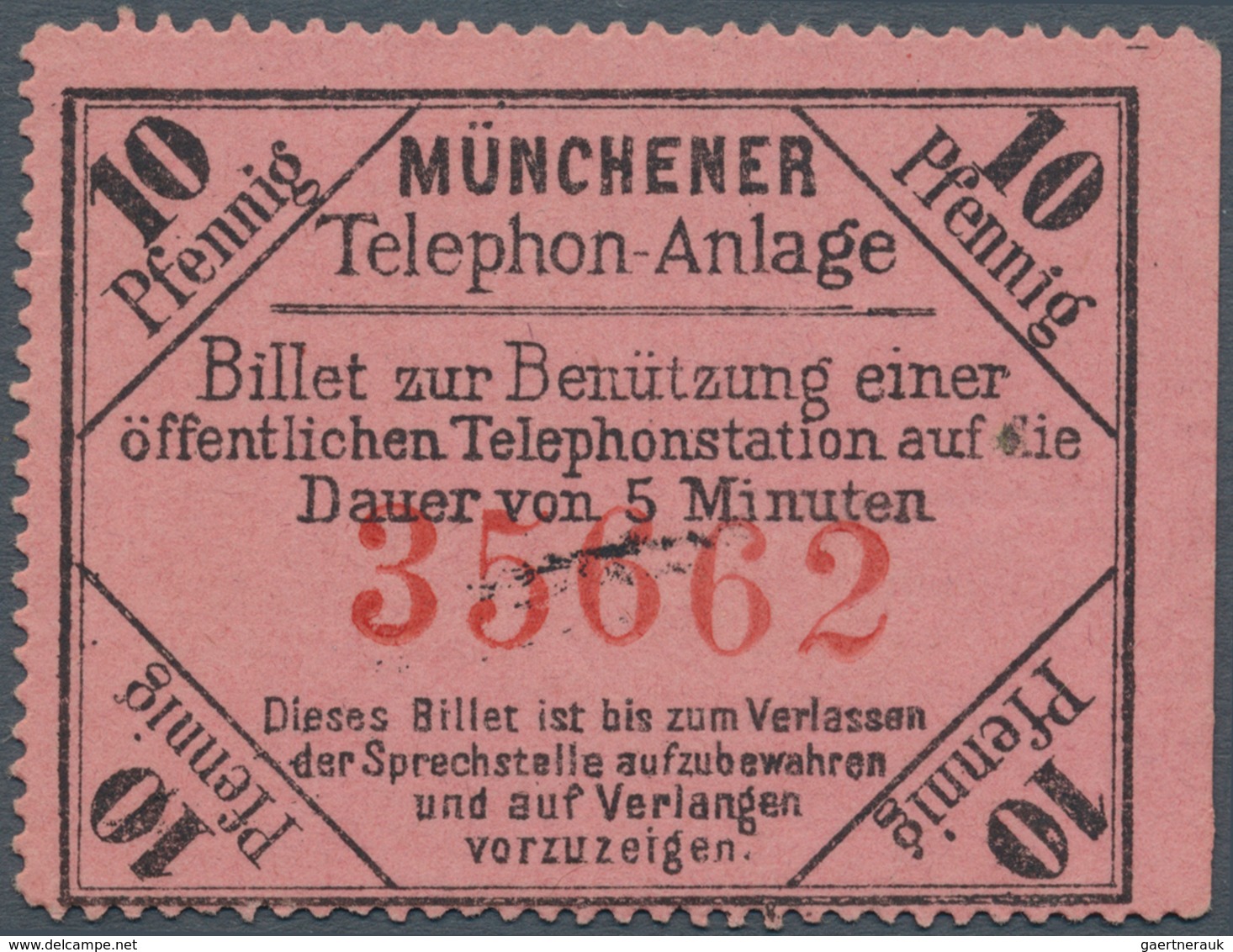 Bayern - Telefon-Billets: 1883, MÜNCHEN 10 Pf. Auf Hellrotem Papier, Rechtes Randstück Ungebraucht, - Other & Unclassified