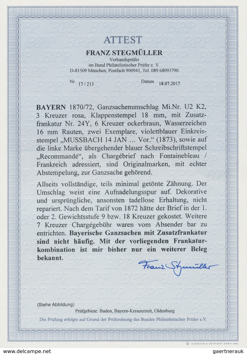Bayern - Ganzsachen: 1870, GA-Umschlag 3 Kr. Rosa, Klappenstempel 18mm Mit Zusatzfrankatur 2x 6 Kr. - Other & Unclassified