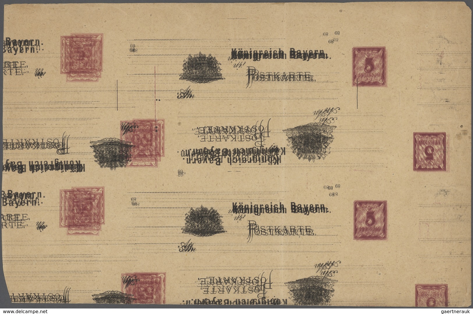 Bayern - Ganzsachen: 1888, 5 Pf. Lila GA-Karte (einf. Wappen) Beidseitig Mehrfach Bedruckt Im DIN A4 - Otros & Sin Clasificación