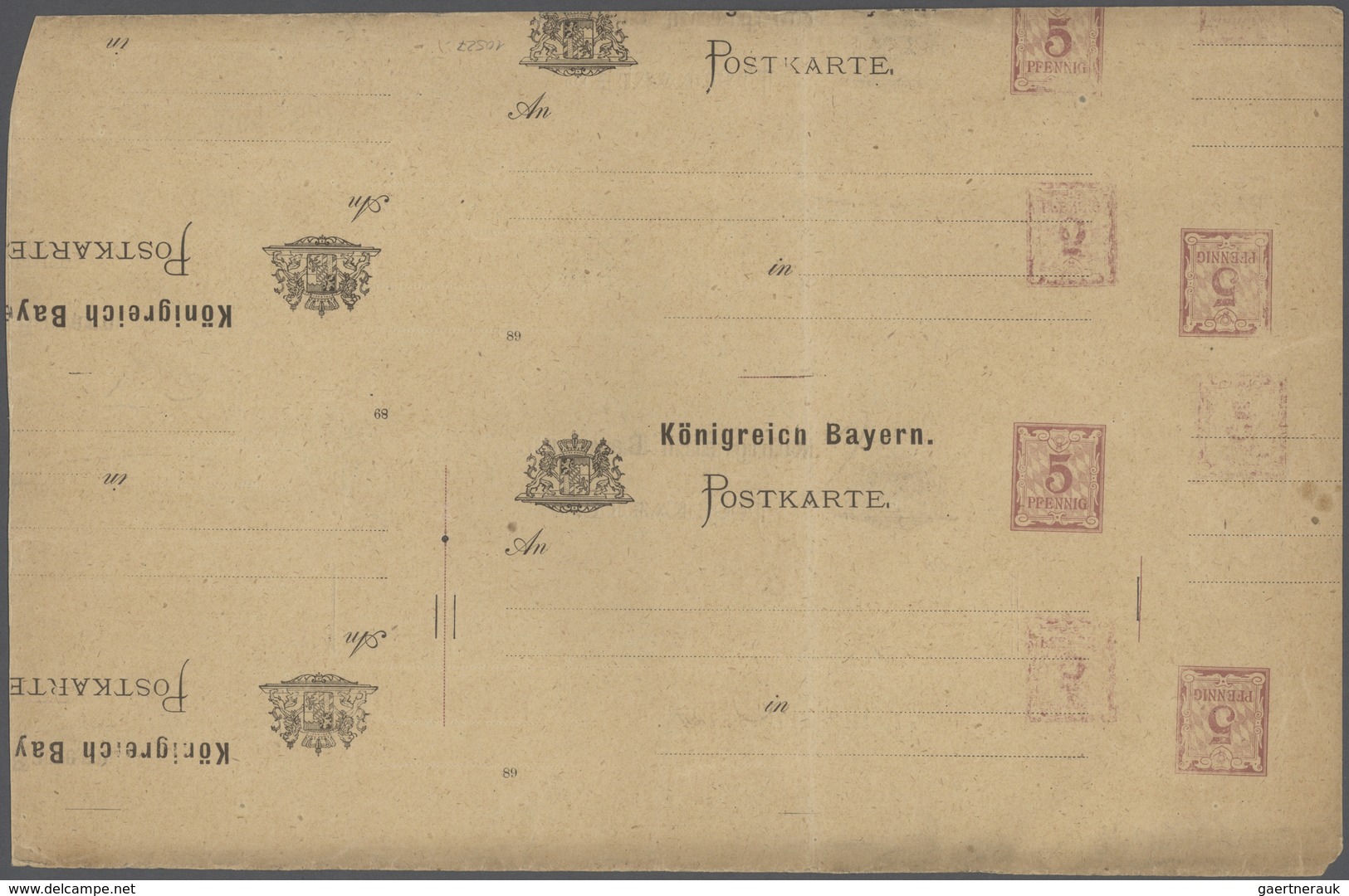 Bayern - Ganzsachen: 1888, 5 Pf. Lila GA-Karte (einf. Wappen) Beidseitig Mehrfach Bedruckt Im DIN A4 - Otros & Sin Clasificación
