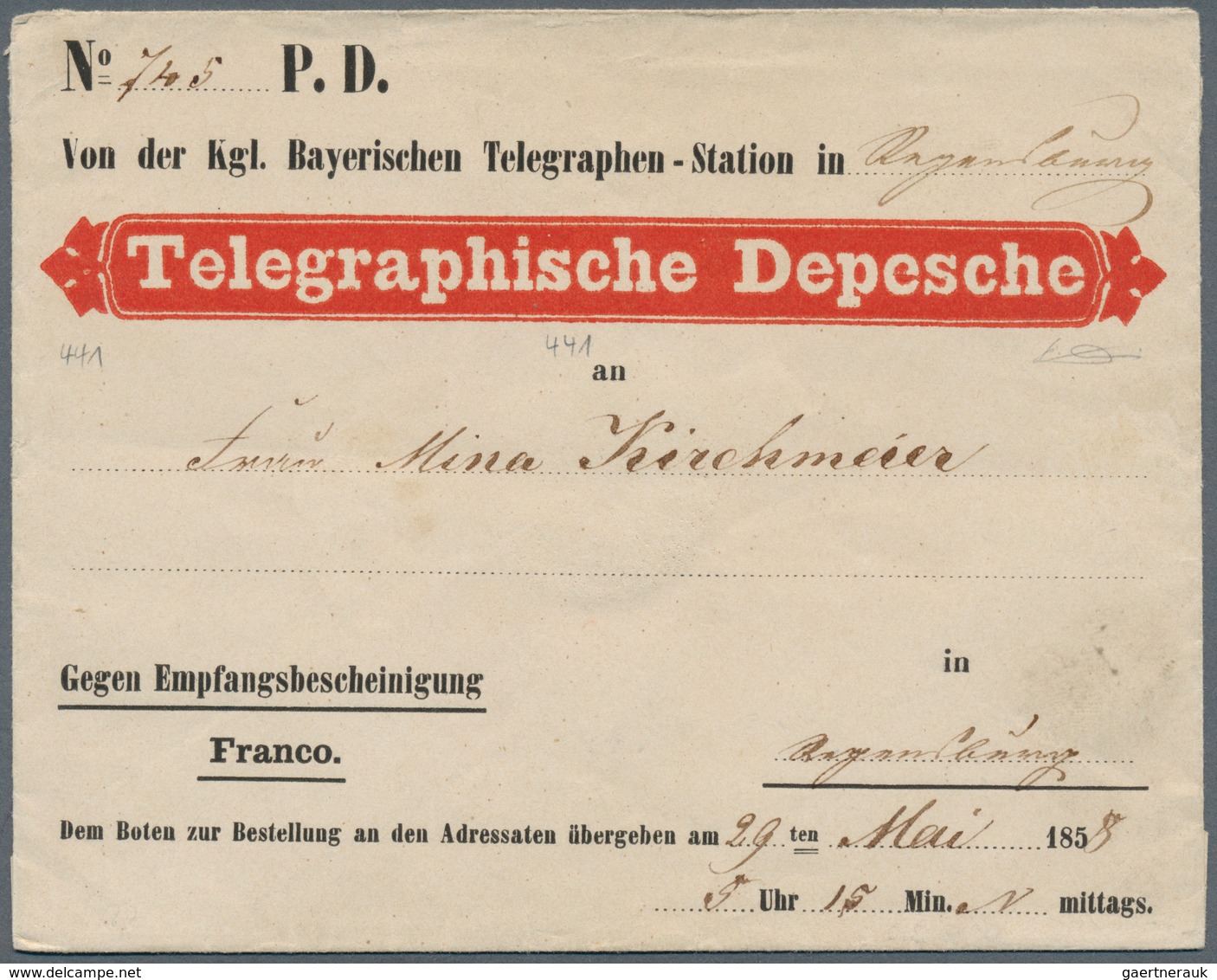 Bayern - Besonderheiten: 1858/1880, "Telegraphische Depesche" Umschlag In Regensburg 1858 Gelaufen U - Altri & Non Classificati