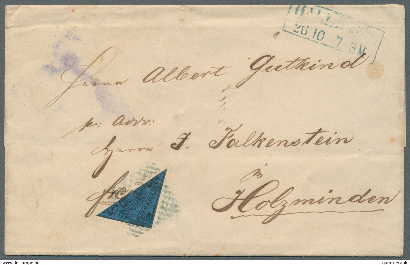 Braunschweig - Marken Und Briefe: 1853, 2 Sgr Schwarz A. Blauem Papier, Diagonal Halbiert (rechte Ob - Braunschweig