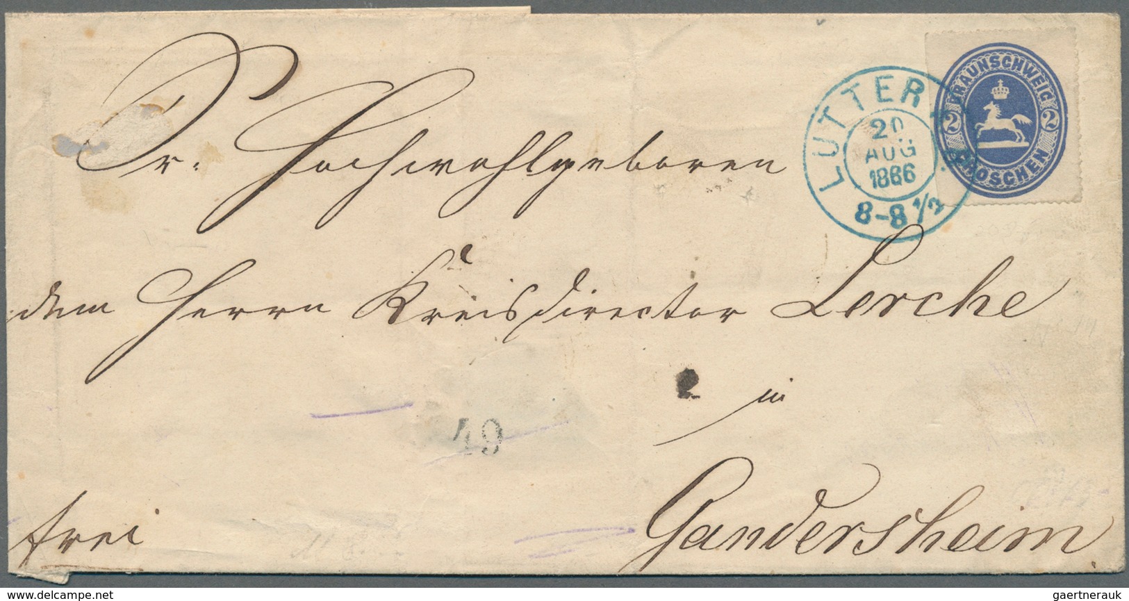 Braunschweig - Marken Und Briefe: 1865, 2 Gr. Wappen Mit Blauem Dkr. "LUTTER 20.AUG.1866" Auf Faltbr - Braunschweig