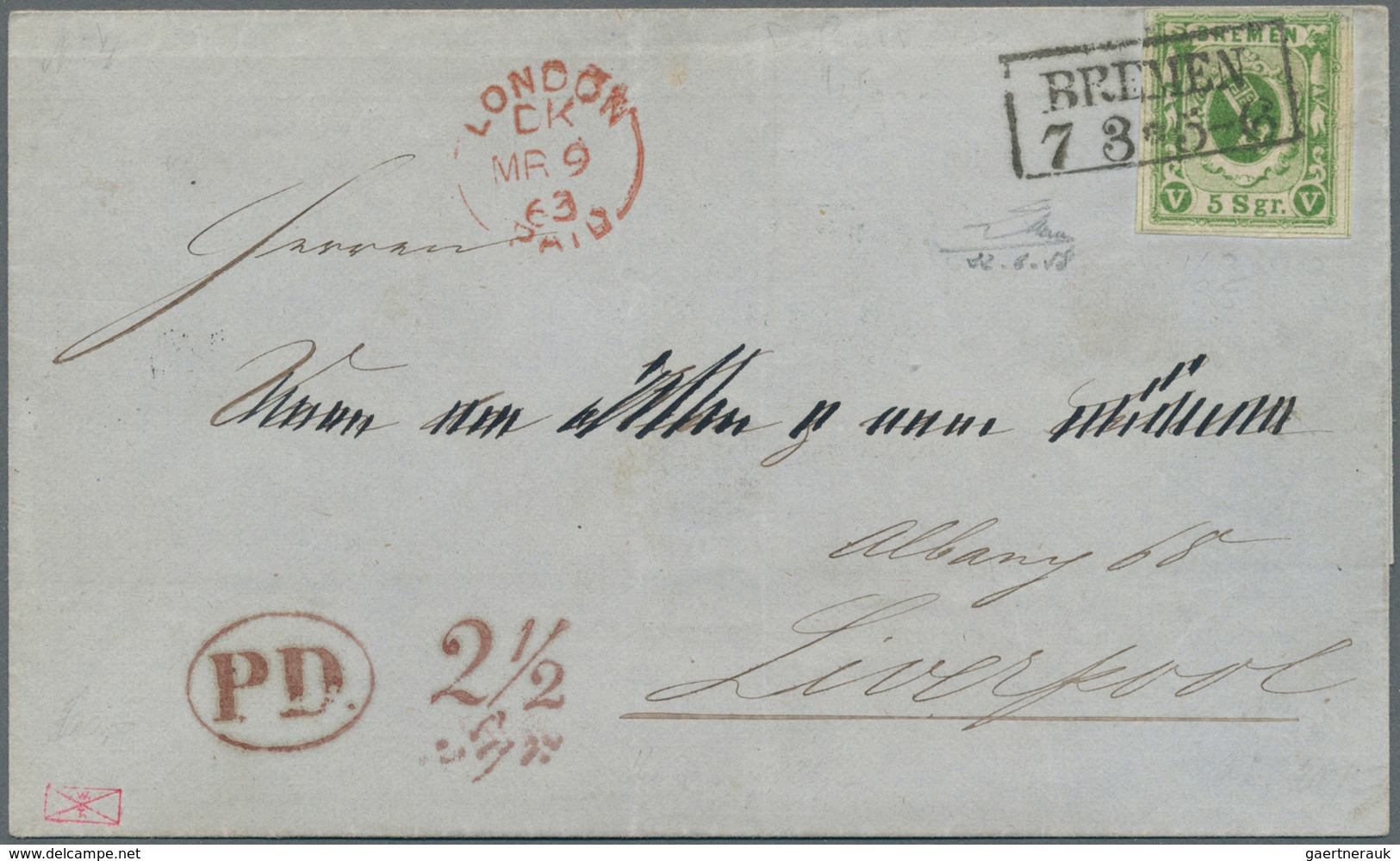 Bremen - Marken Und Briefe: 1859, 5 Sgr. Dunkelolivgrün Mit Ra2 "BREMEN 7.3.(63)" Auf Faltbriefhülle - Bremen
