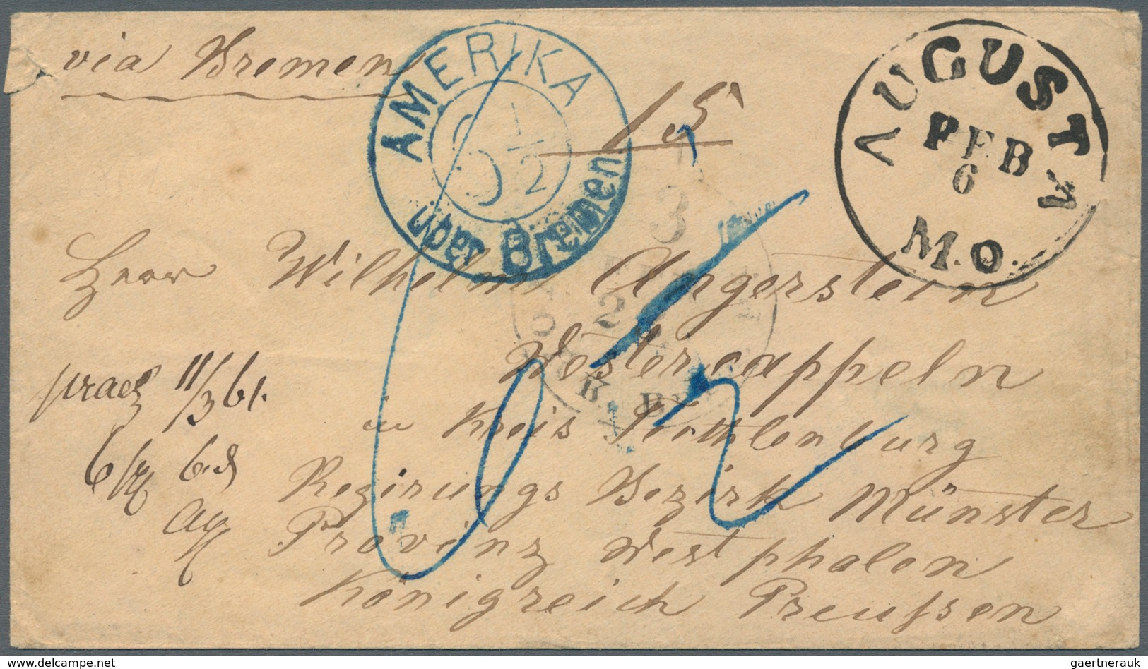 Bremen - Stempel: Transit: 1861, "AMERIKA ÜBER BREMEN 6 1/2", Blauer DKr. Klar Auf Umschlag Aus "AUG - Bremen