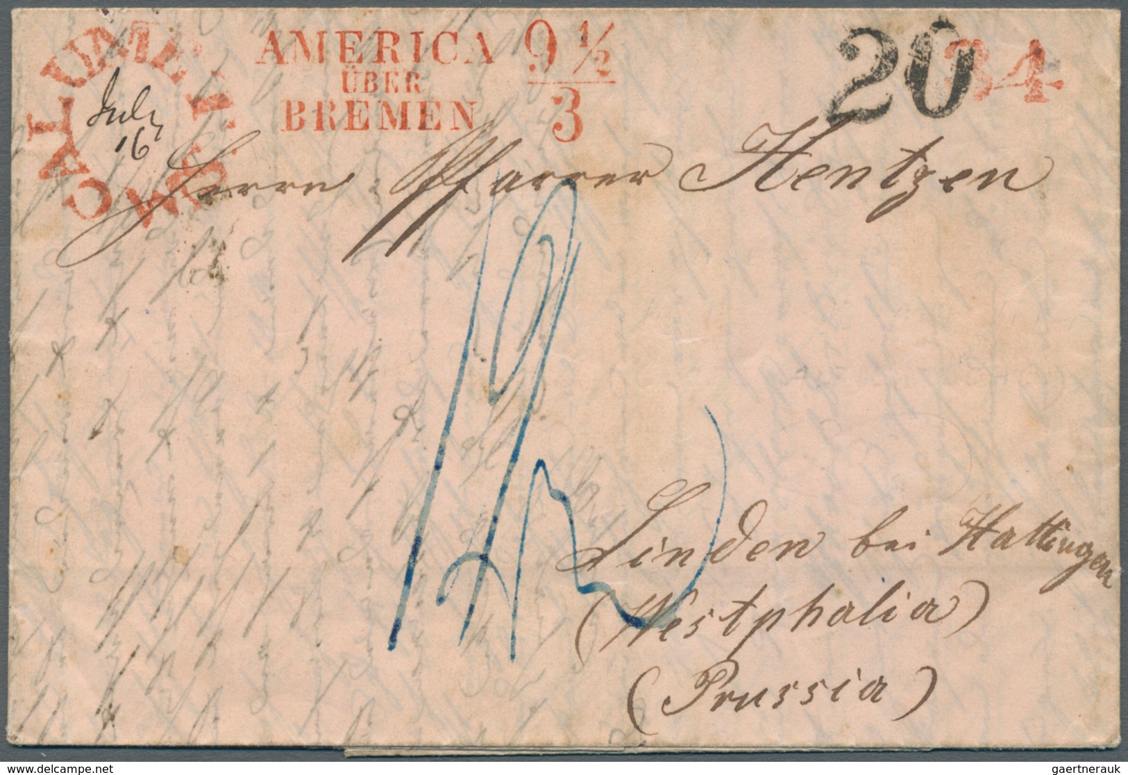 Bremen - Stempel: Transit: 1851, "AMERICA ÜBER BREMEN 9 1/2 / 3", Roter L3 Sehr Klar Auf Kpl. Faltbr - Bremen