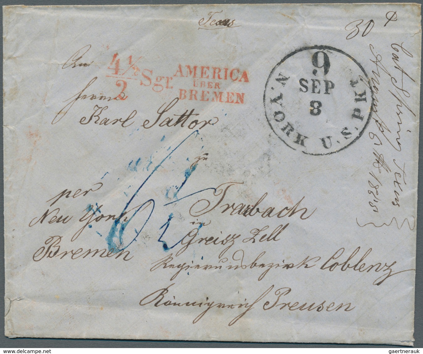 Bremen - Stempel: Transit: 1855, "4 1/2 / 2 Sgr. AMERICA ÜBER BREMEN", Roter L3 Sehr Klar Auf Umschl - Bremen