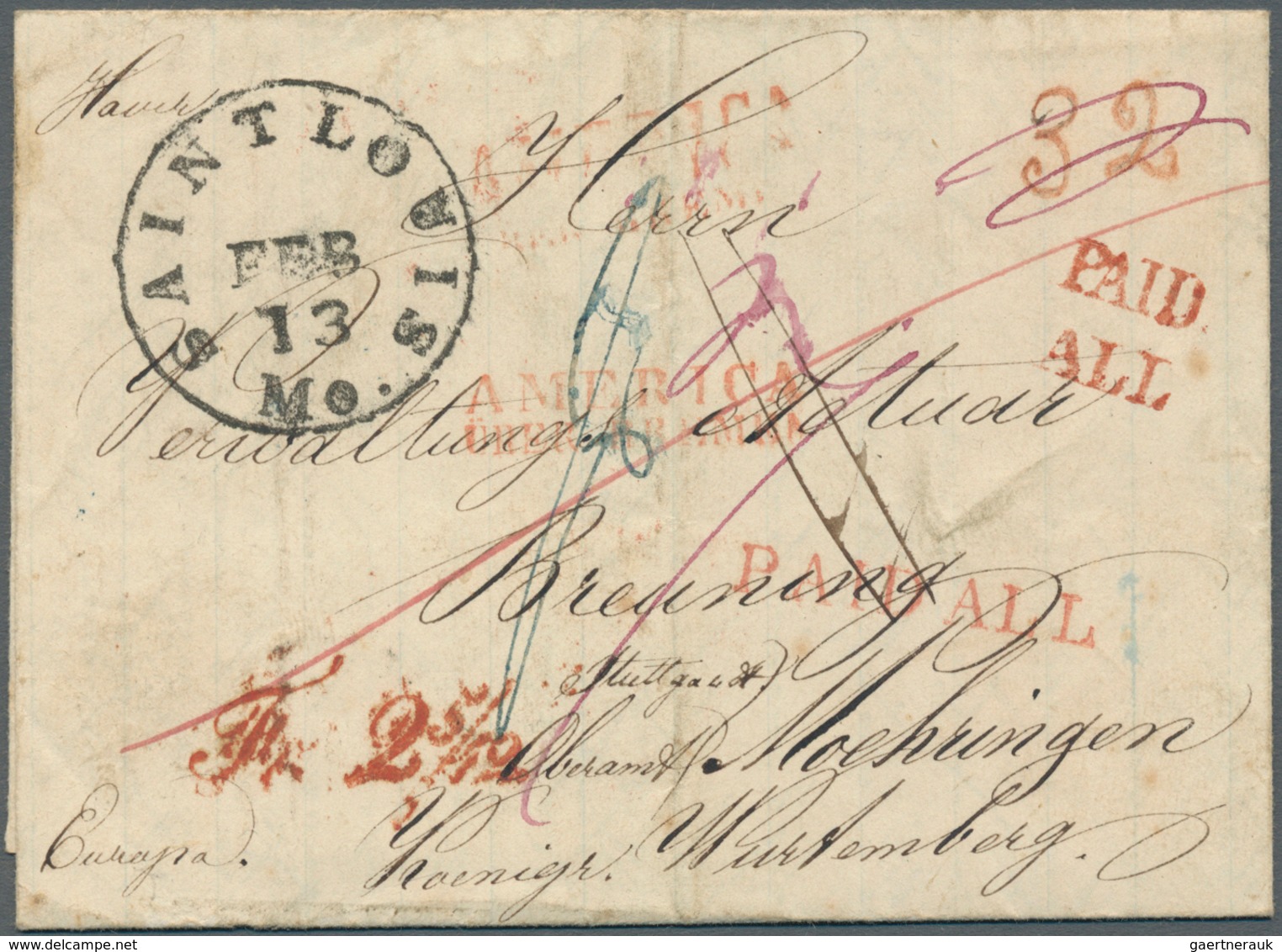 Bremen - Stempel: Transit: 1852, "AMERIKA ÜBER BREMEN", Roter L2 Und Tax-Stempel "Fr. 2 5/12" Klar A - Bremen