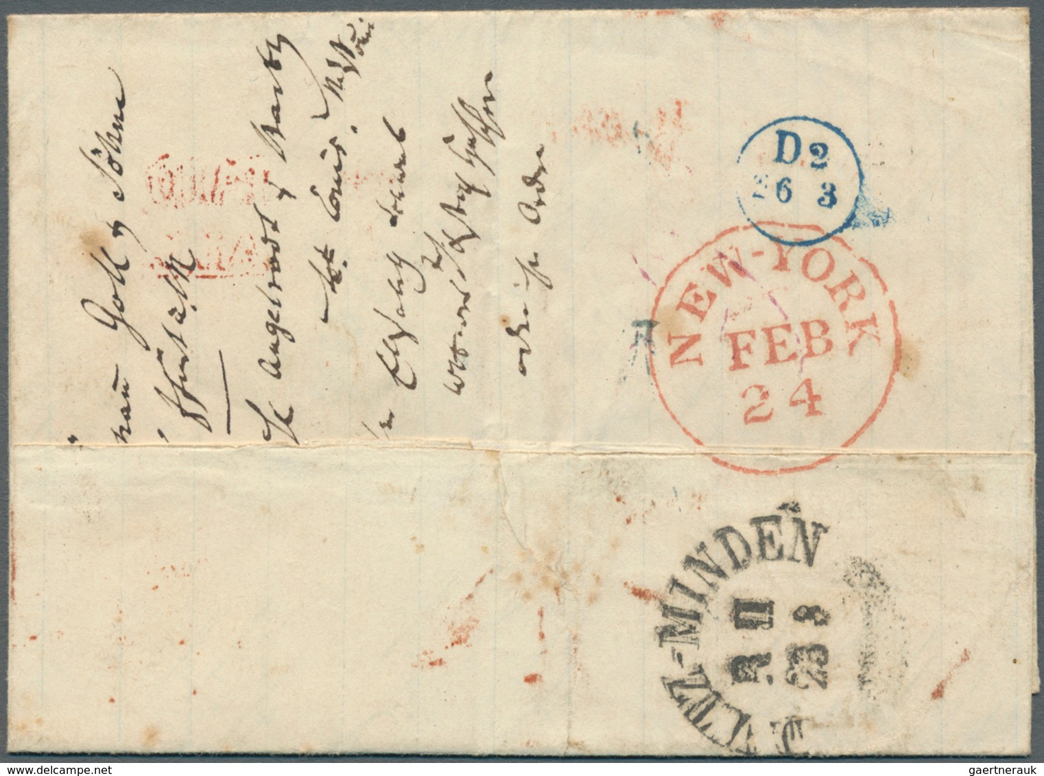 Bremen - Stempel: Transit: 1852, "AMERIKA ÜBER BREMEN", Roter L2 Und Tax-Stempel "Fr. 2 5/12" Klar A - Bremen